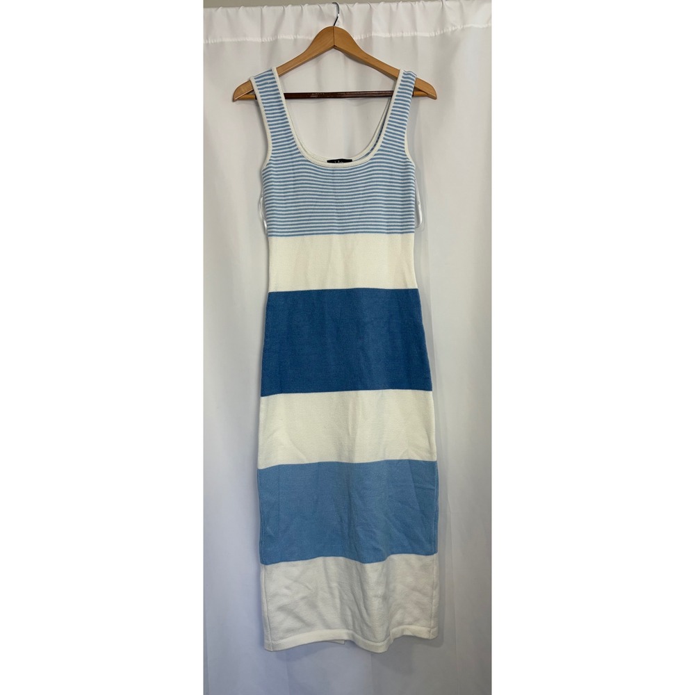 Lulus Blue White Striped Colorblock Sweater Knit Midi Dress Coastal Beach Size M